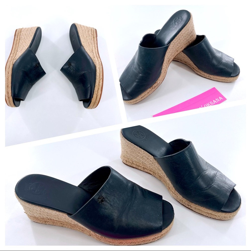 TORY BURCH Landon Espadrille Blue Leather Wedge Sandals Shoes size 7/8